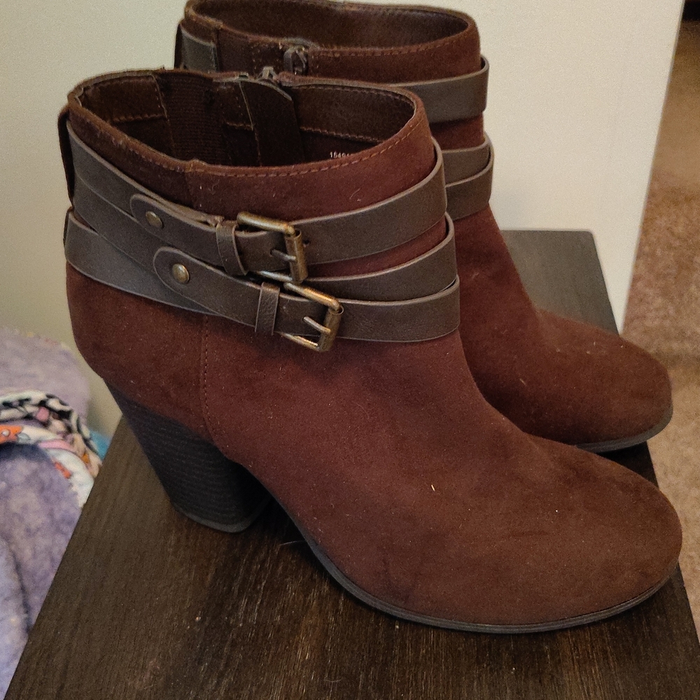 Torrid Brown Ankle Boots with Wedge Heel and Decorative Straps